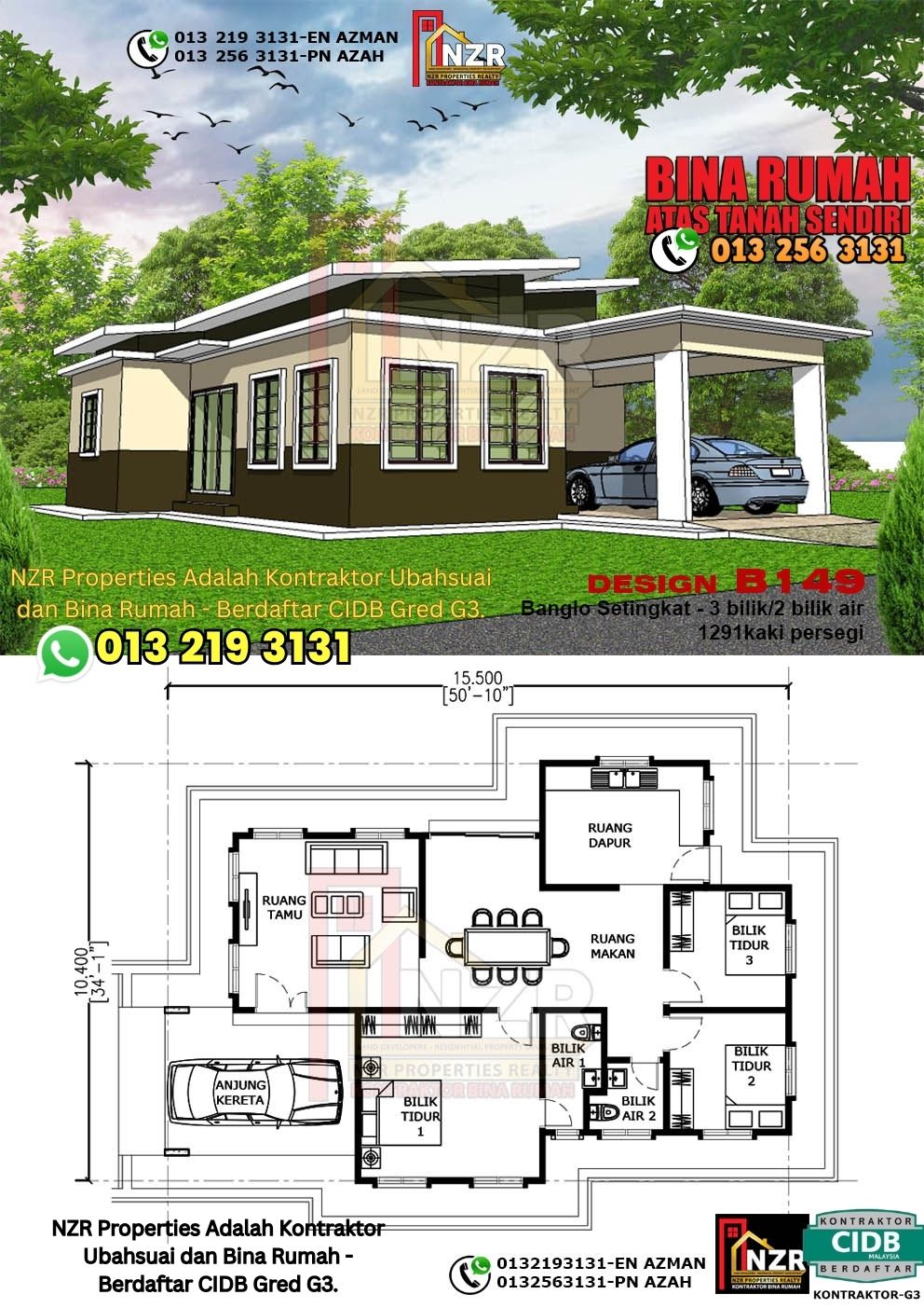 Design 36-Kod B149-Banglo Setingkat - 3Bilik &2 Bilik Air-Size Rumah 1291kps