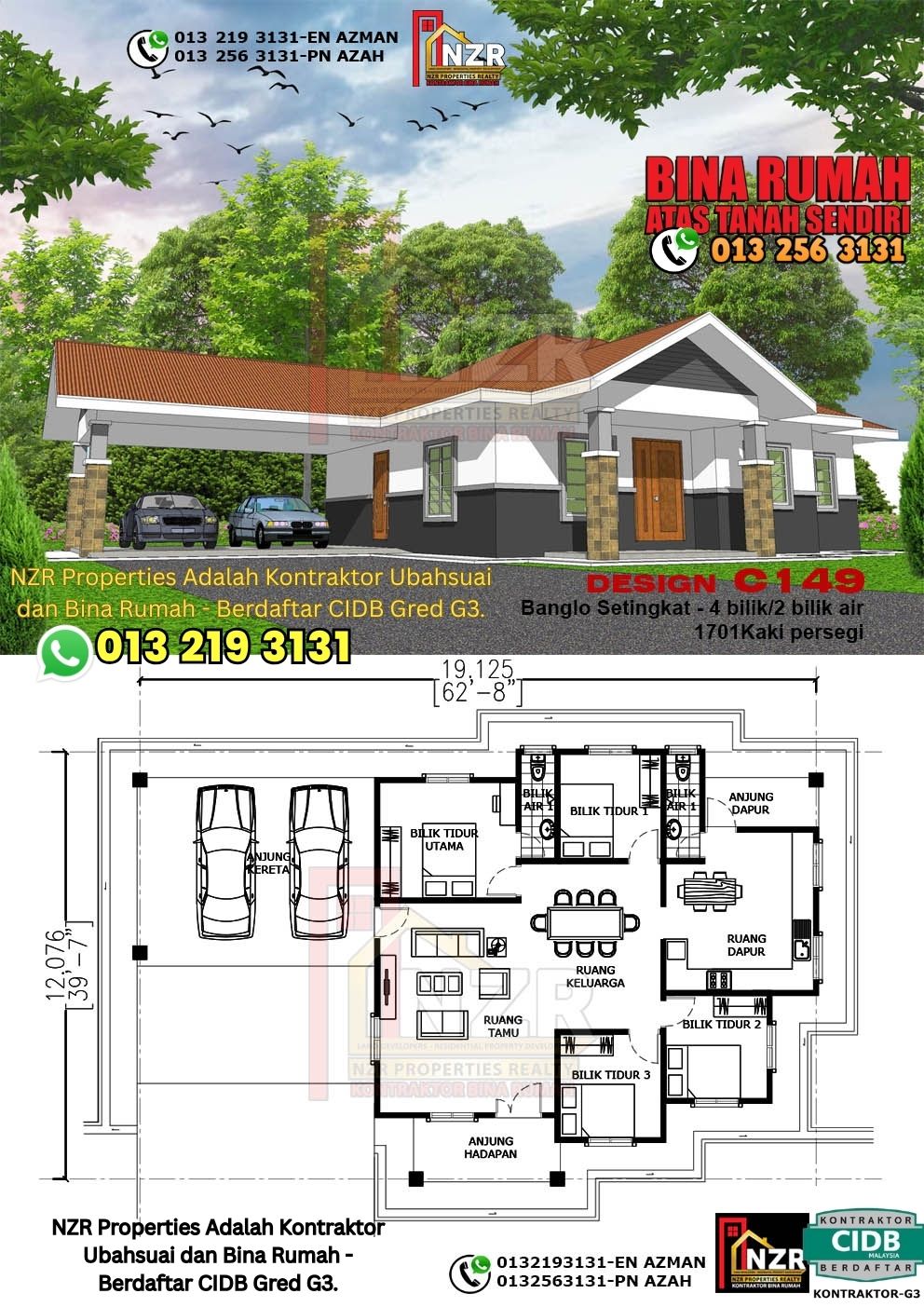 Design 38-Kod C149-Banglo Setingkat - 4Bilik &2 Bilik Air-Size Rumah 1701kps