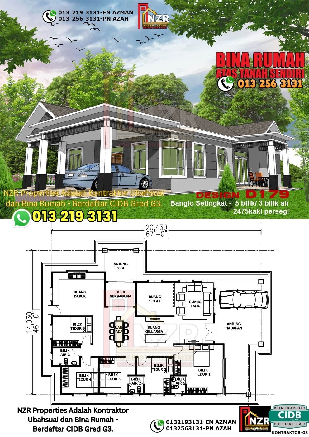 Design 39-Kod D179-Banglo Setingkat - 5Bilik &3Bilik Air-Size Rumah 2475kps