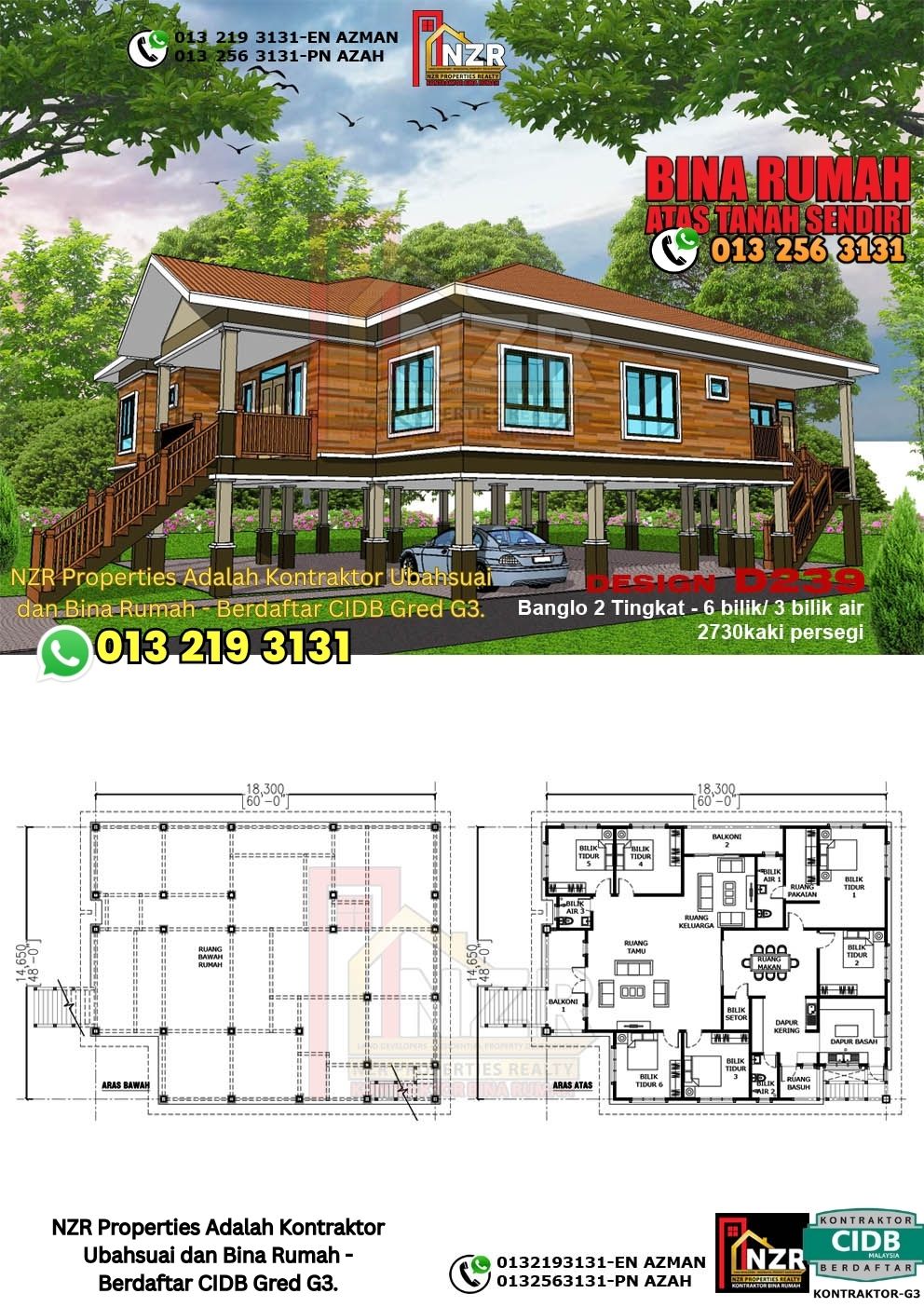 Design 39-Kod D239-Design Rumah Dua Tingkat -6Bilik &3Bilik Air-Size Rumah 2730kps