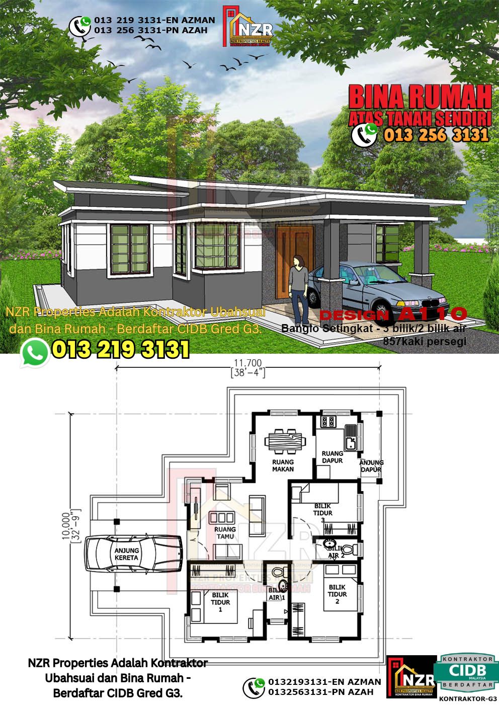 Design 4-Kod A110-Banglo Setingkat - 3 Bilik &2 Bilik Air-Size Rumah 857kps