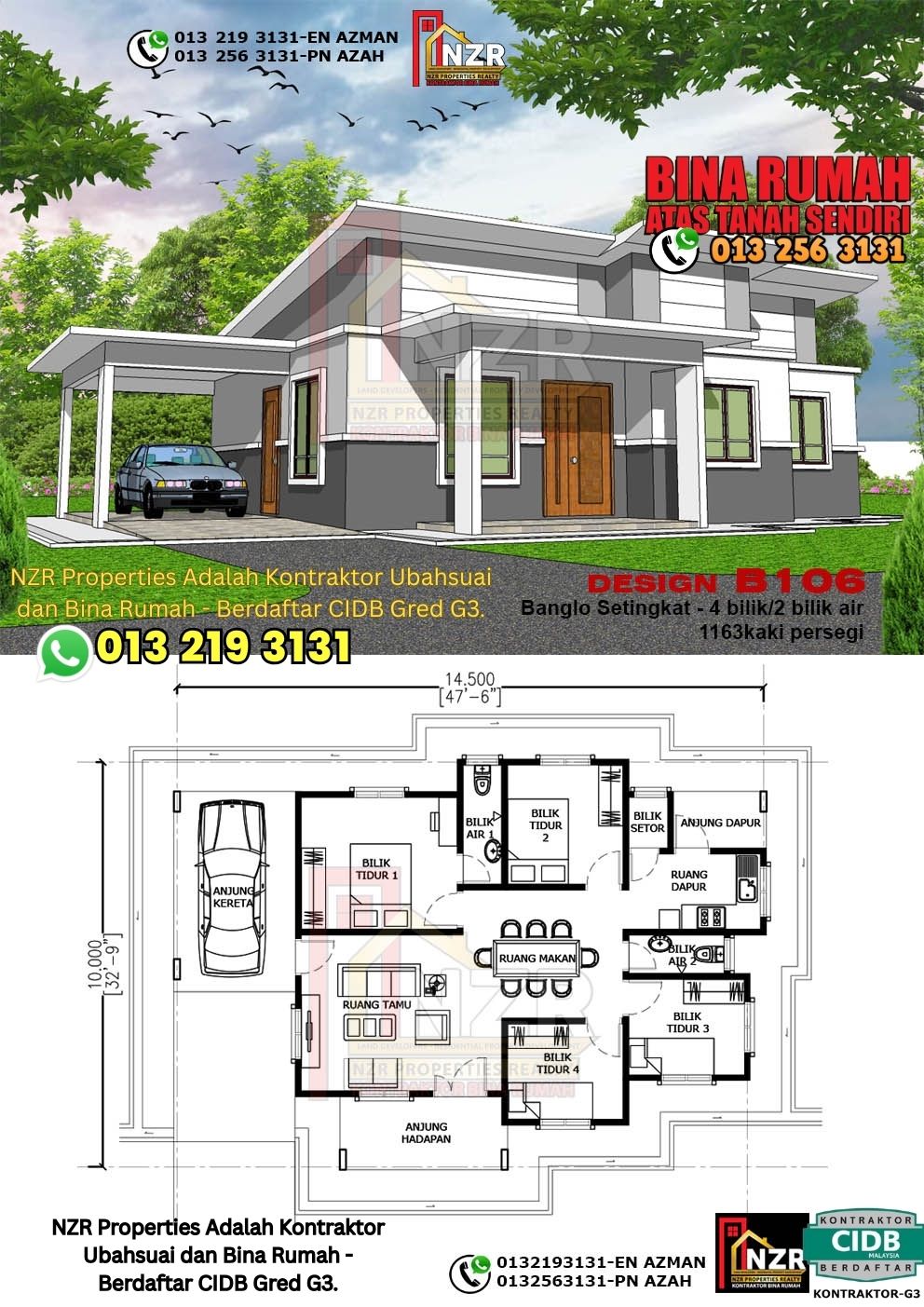 Design 4-Kod B106-Banglo Setingkat - 4 Bilik &2 Bilik Air-Size Rumah 1163kps