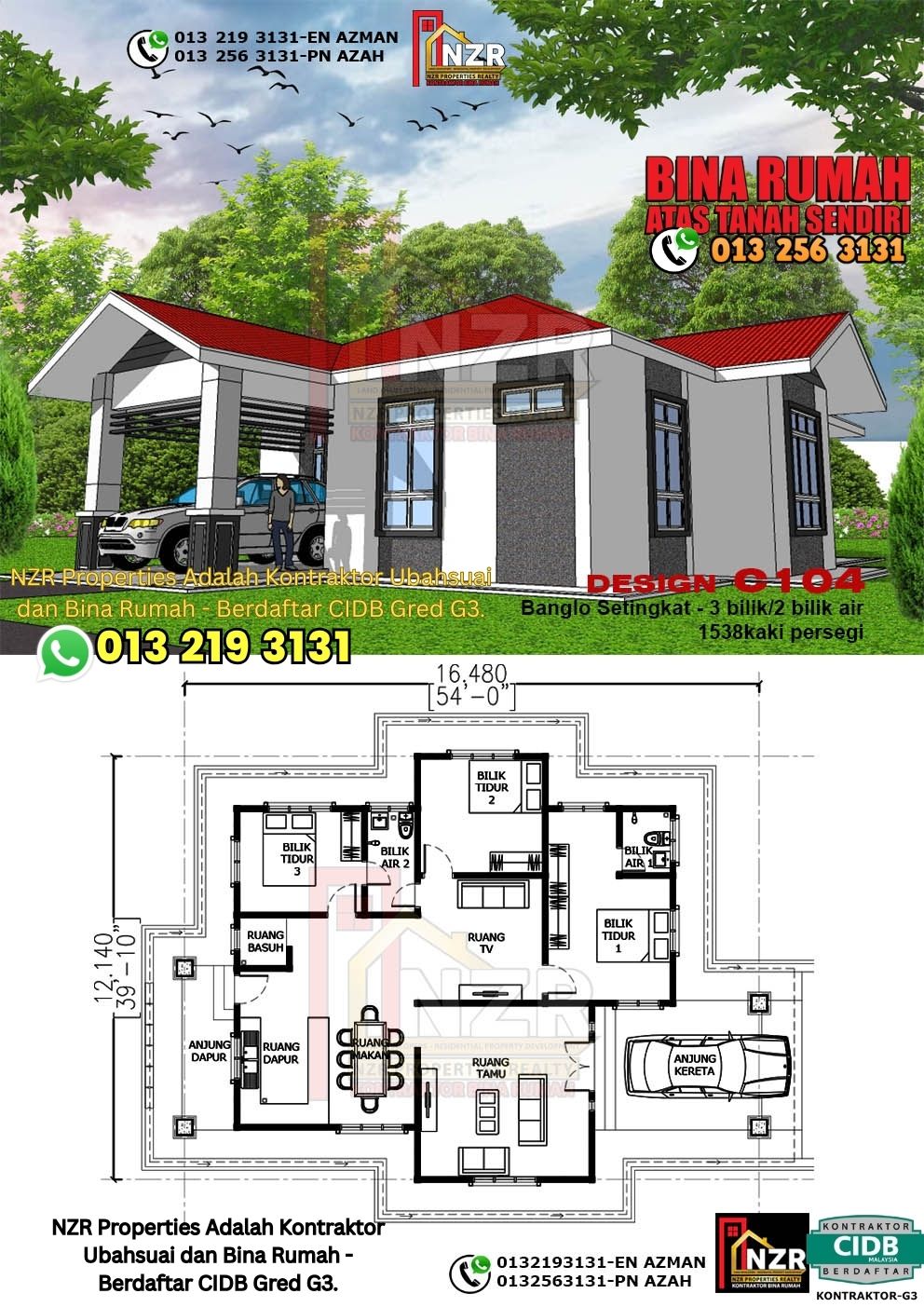 Design 4-Kod C104-Banglo Setingkat - 3Bilik &2 Bilik Air-Size Rumah 1538kps
