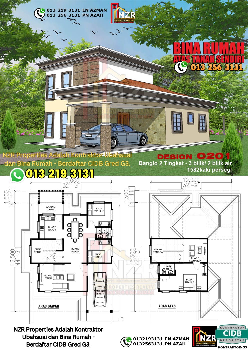 Design 4-Kod C201-Design Rumah Dua Tingkat -3Bilik &2Bilik Air-Size Rumah 1582kps
