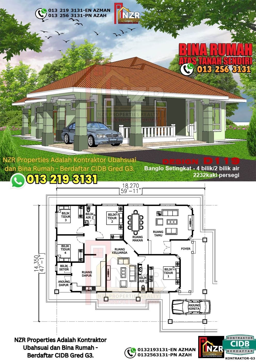 Design 4-Kod D119-Banglo Setingkat - 4Bilik &2 Bilik Air-Size Rumah 2232kps
