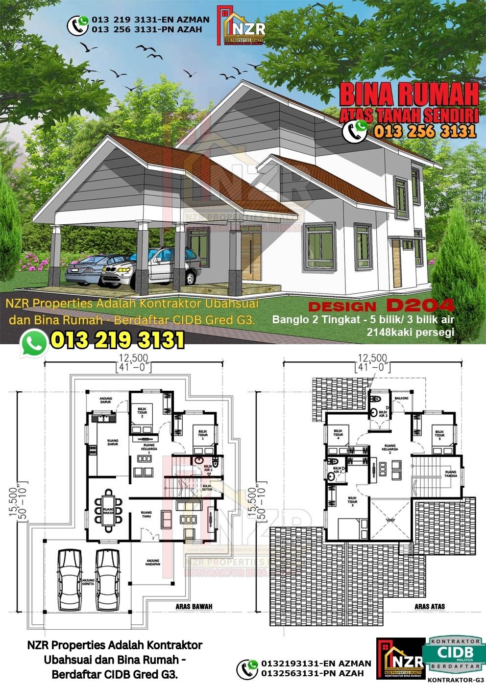 Design 4-Kod D204-Design Rumah Dua Tingkat -5 Bilik & 3 Bilik Air-Size Rumah 2148kps