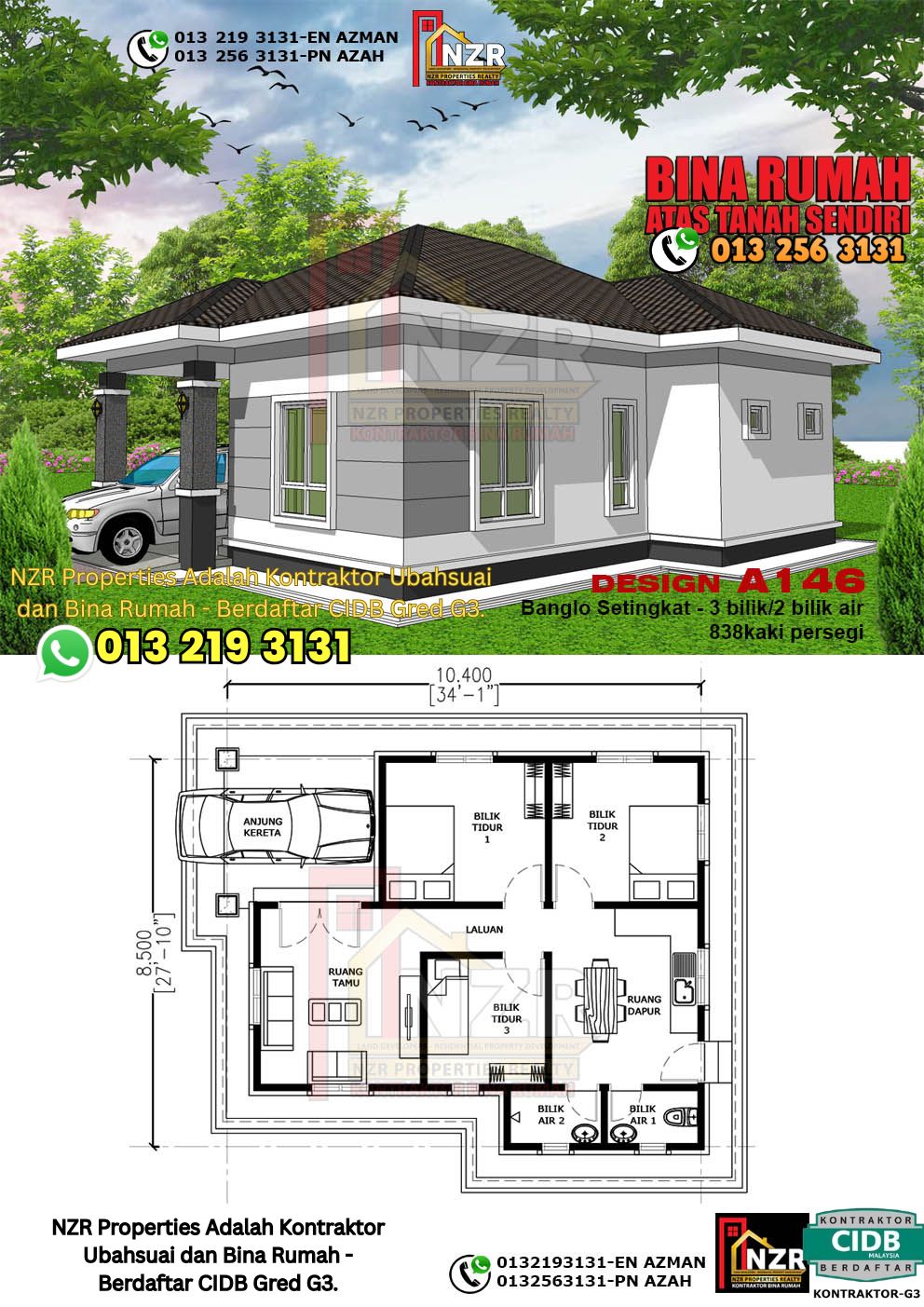 Design 40-Kod A146-Banglo Setingkat - 3 Bilik &2 Bilik Air-Size Rumah 838kps