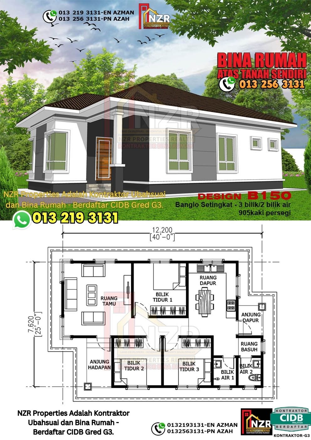 Design 37-Kod B150-Banglo Setingkat - 3Bilik &2 Bilik Air-Size Rumah 905kps