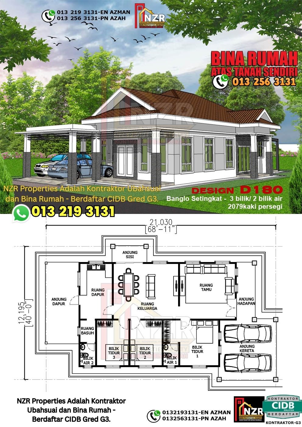 Design 40-Kod D180-Banglo Setingkat - 3Bilik &2Bilik Air-Size Rumah 2079kps