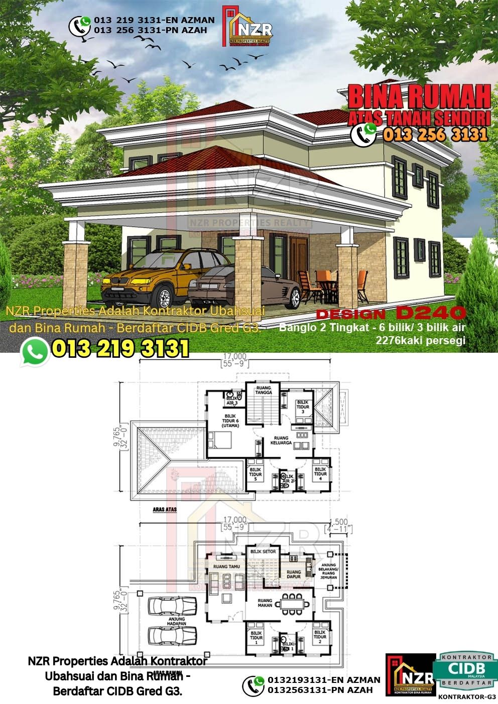 Design 40-Kod D240-Design Rumah Dua Tingkat -6Bilik &3Bilik Air-Size Rumah 2276kps