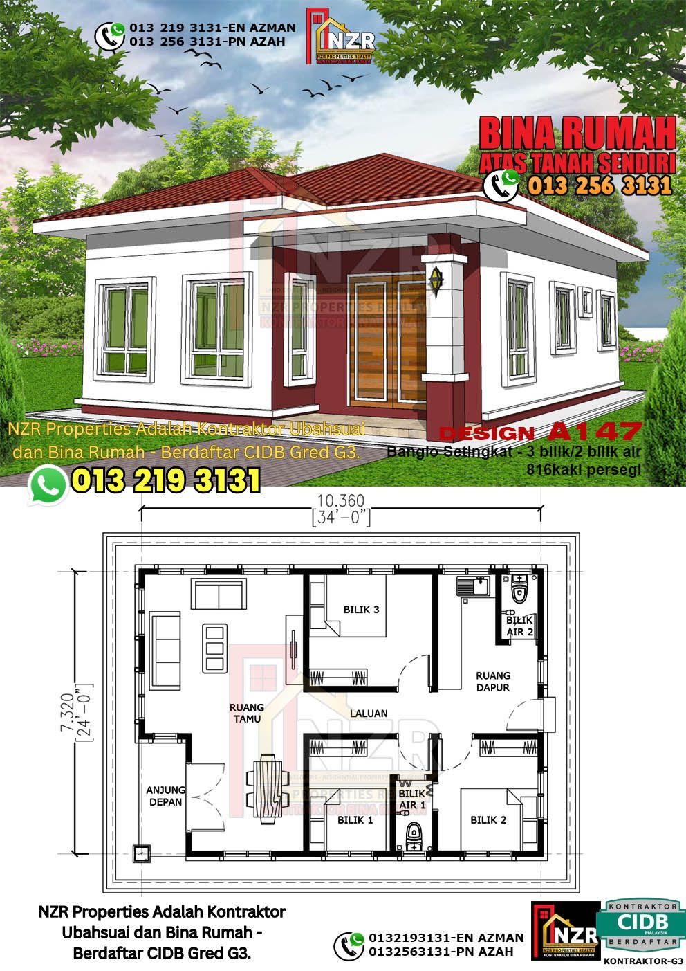 Design 41-Kod A147-Banglo Setingkat - 3 Bilik &2 Bilik Air-Size Rumah 816kps