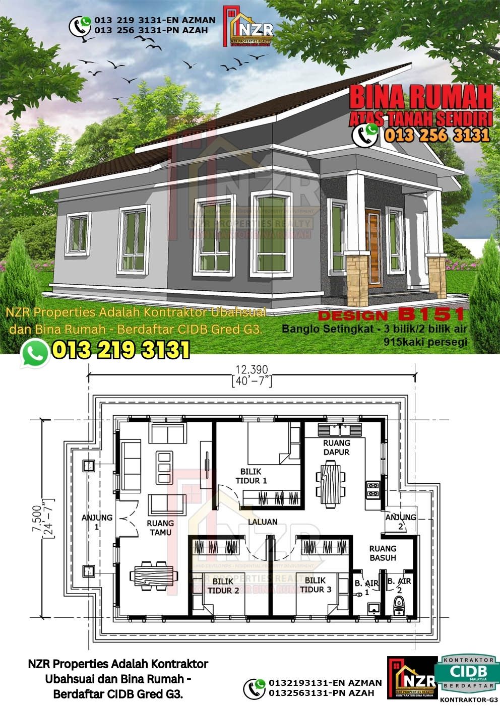 Design 38-Kod B151-Banglo Setingkat - 3Bilik &2 Bilik Air-Size Rumah 915kps