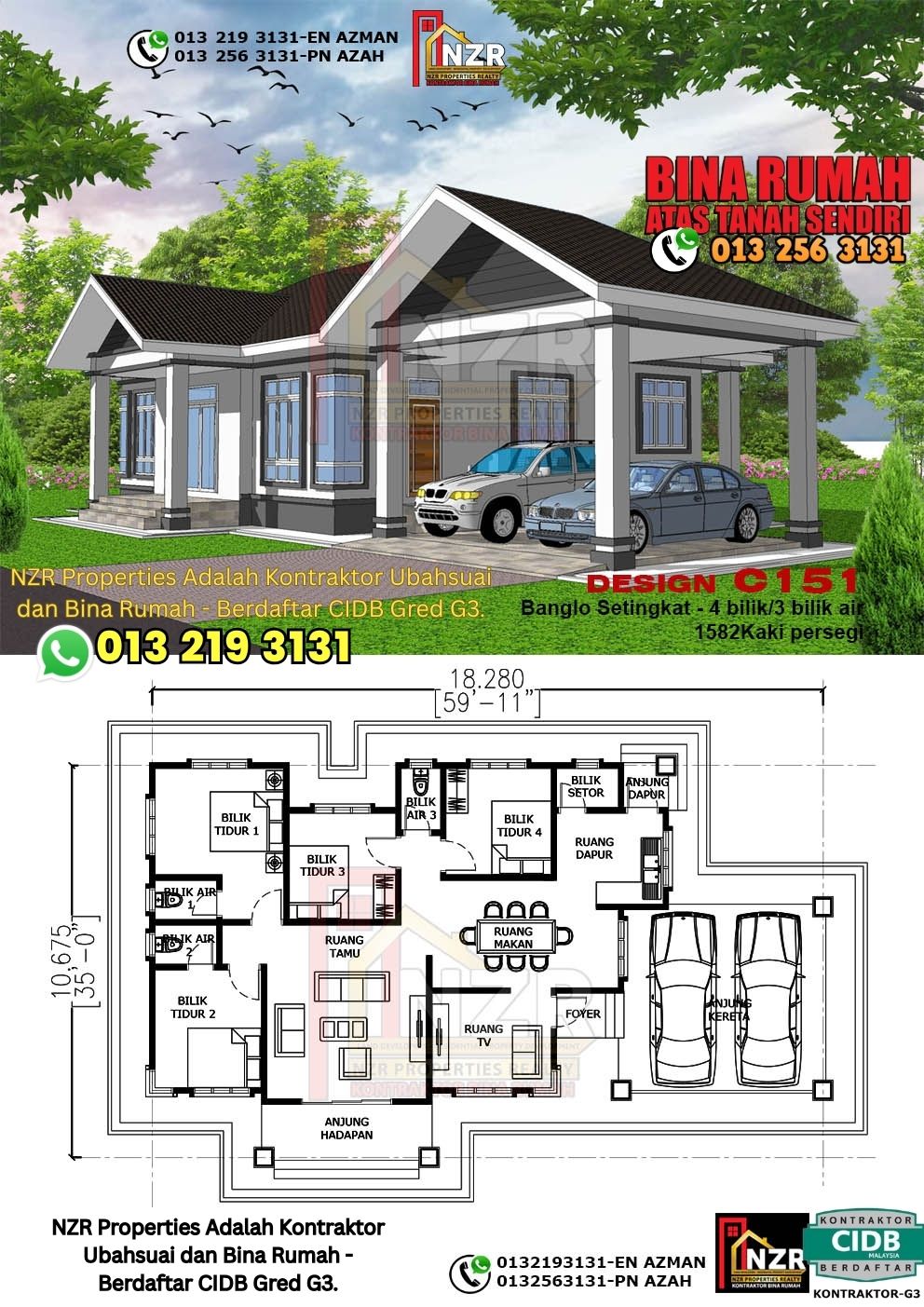 Design 40-Kod C151-Banglo Setingkat - 4Bilik &3 Bilik Air-Size Rumah 1582kps