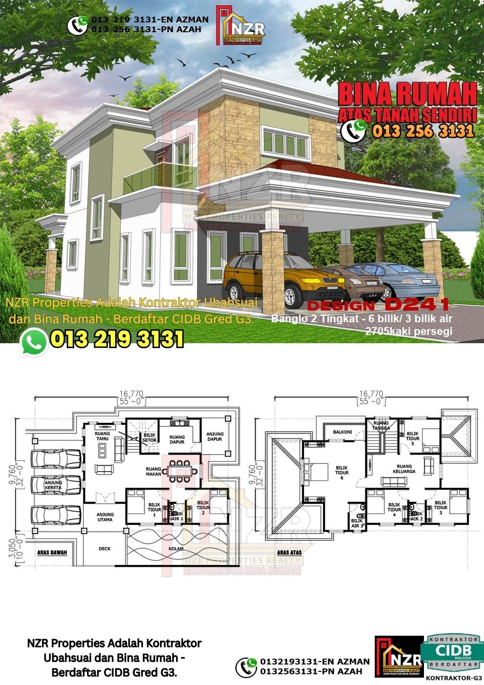 Design 41-Kod D241-Design Rumah Dua Tingkat -6Bilik &3Bilik Air-Size Rumah 2705kps