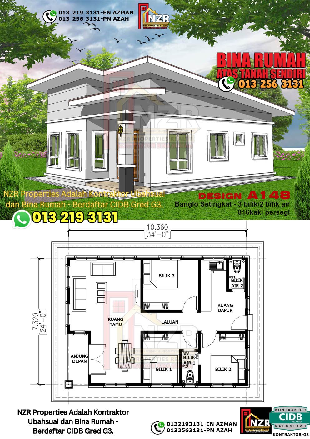 Design 42-Kod A148-Banglo Setingkat - 3 Bilik &2 Bilik Air-Size Rumah 816kps