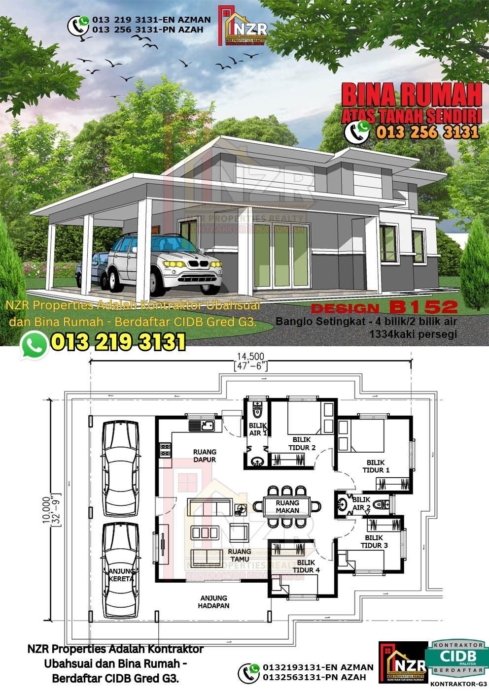Design 39-Kod B152-Banglo Setingkat - 4Bilik &2 Bilik Air-Size Rumah 1334kps