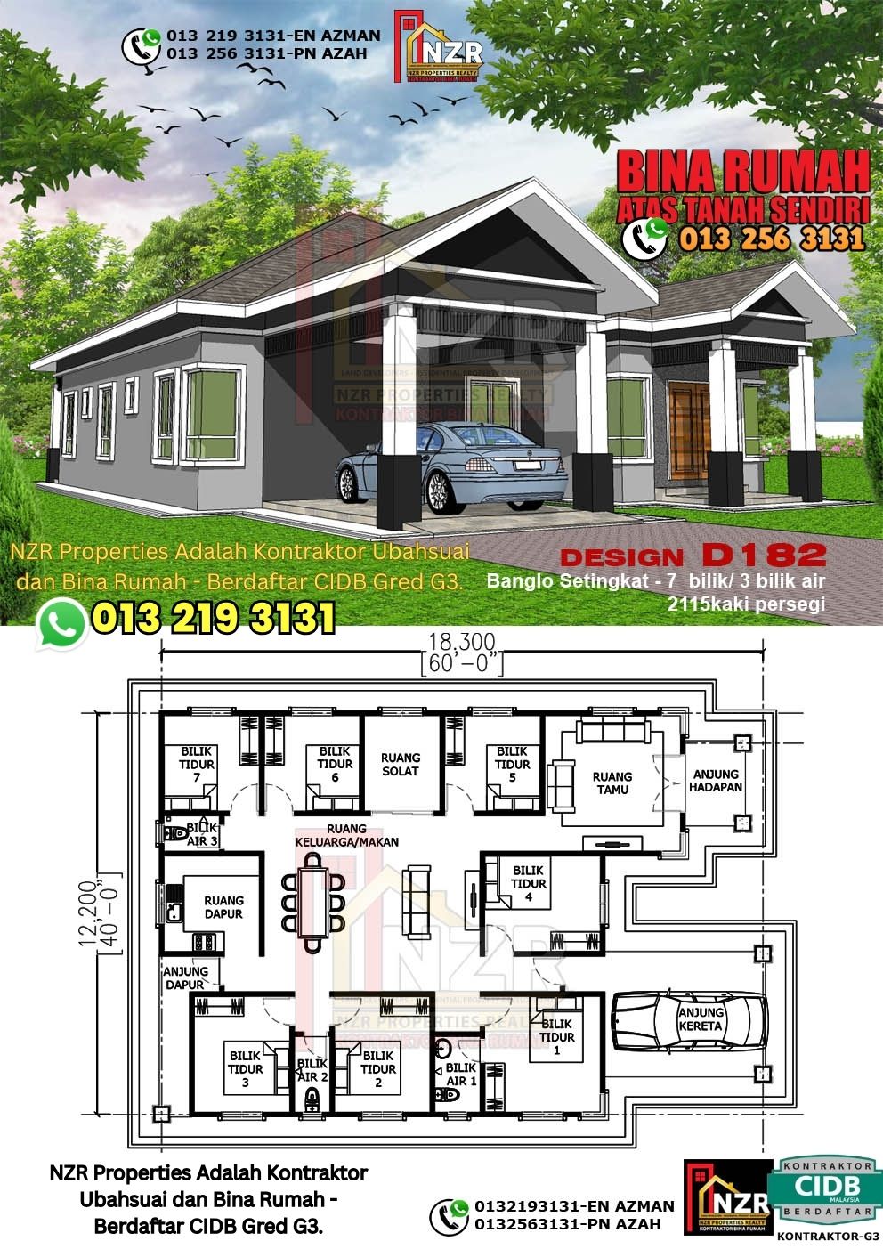 Design 42-Kod D182-Banglo Setingkat - 7Bilik &3Bilik Air-Size Rumah 2115kps