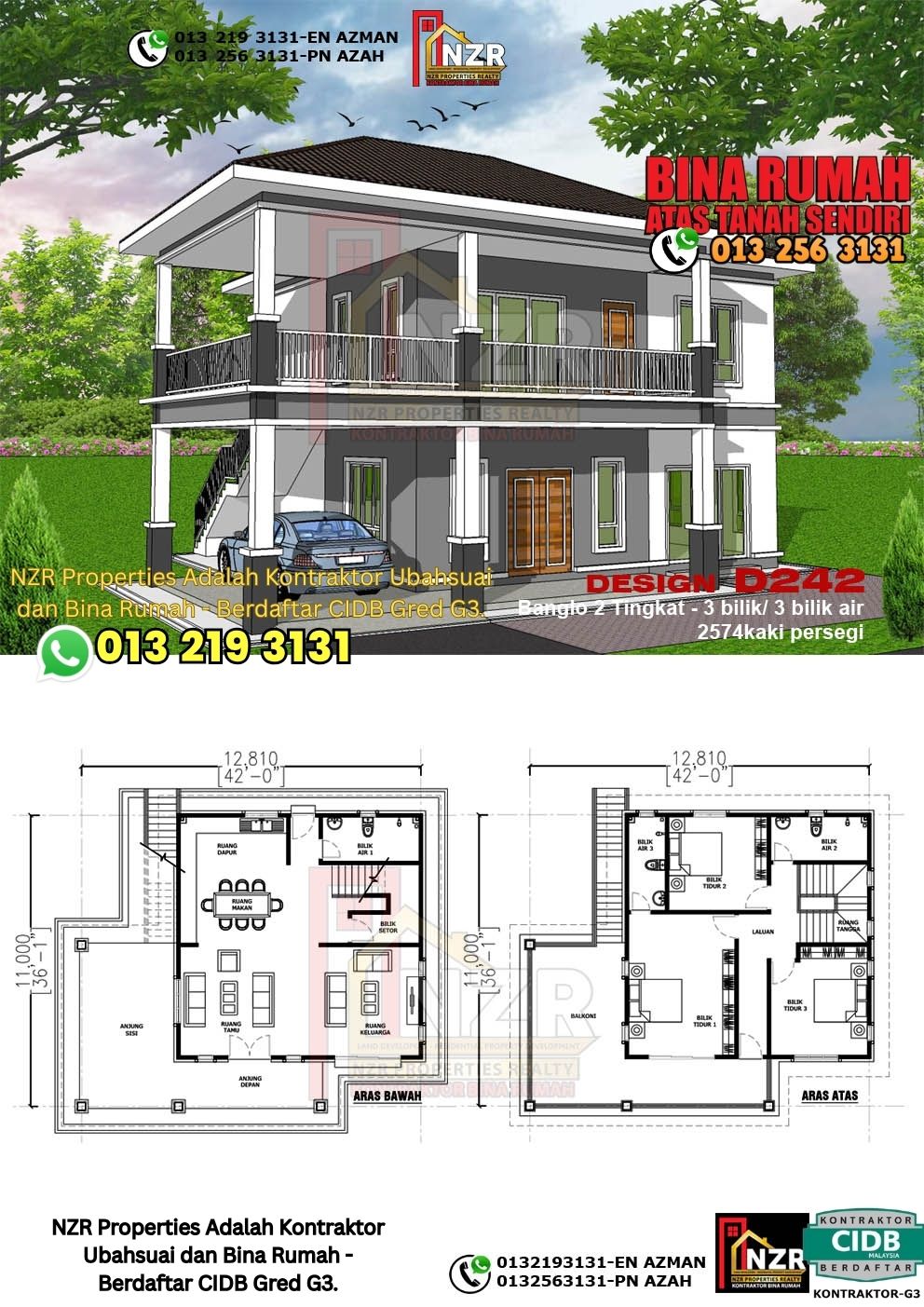 Design 42-Kod D242-Design Rumah Dua Tingkat -3Bilik &3Bilik Air-Size Rumah 2574kps
