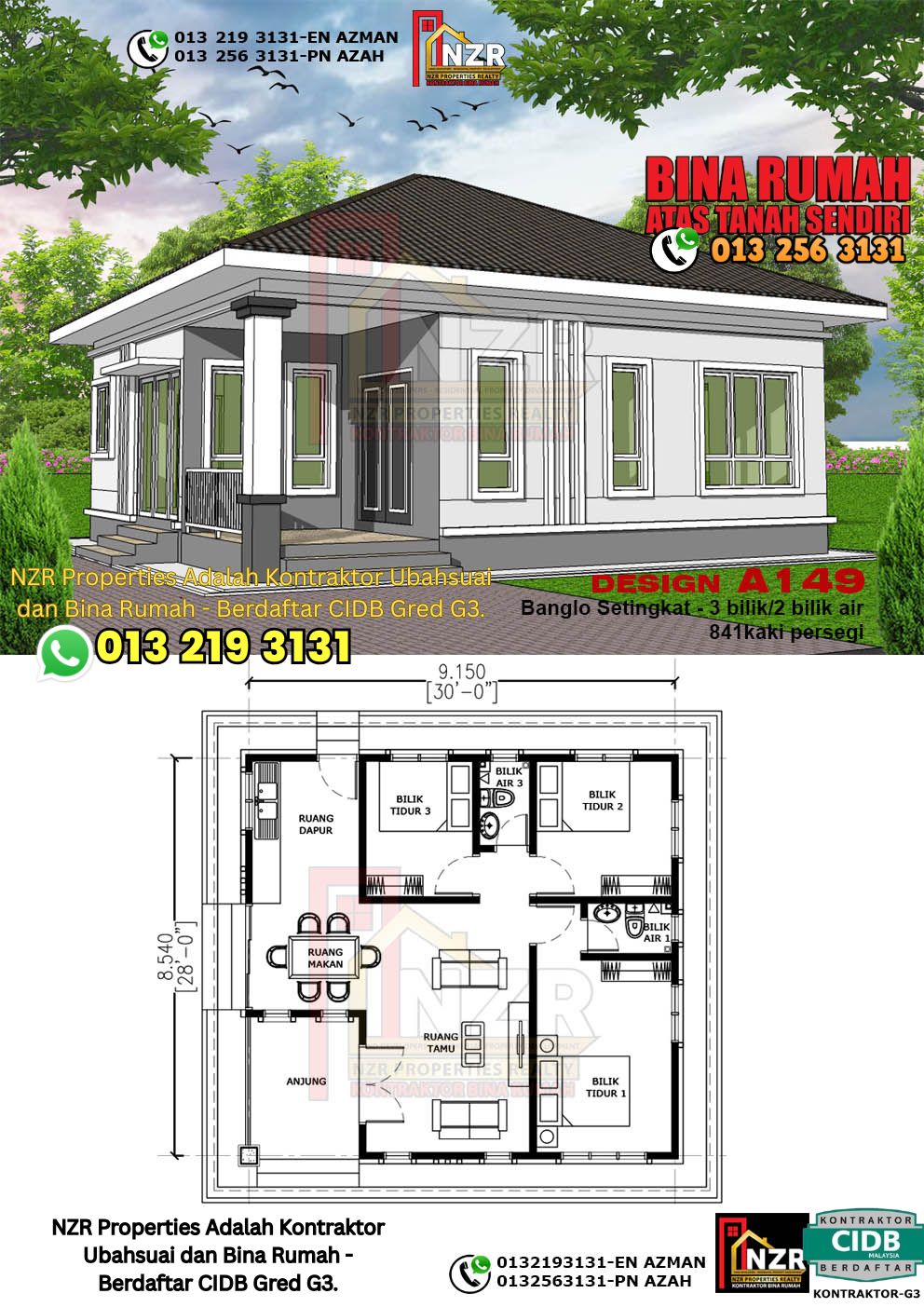 Design 43-Kod A149-Banglo Setingkat - 3 Bilik &2 Bilik Air-Size Rumah 841kps