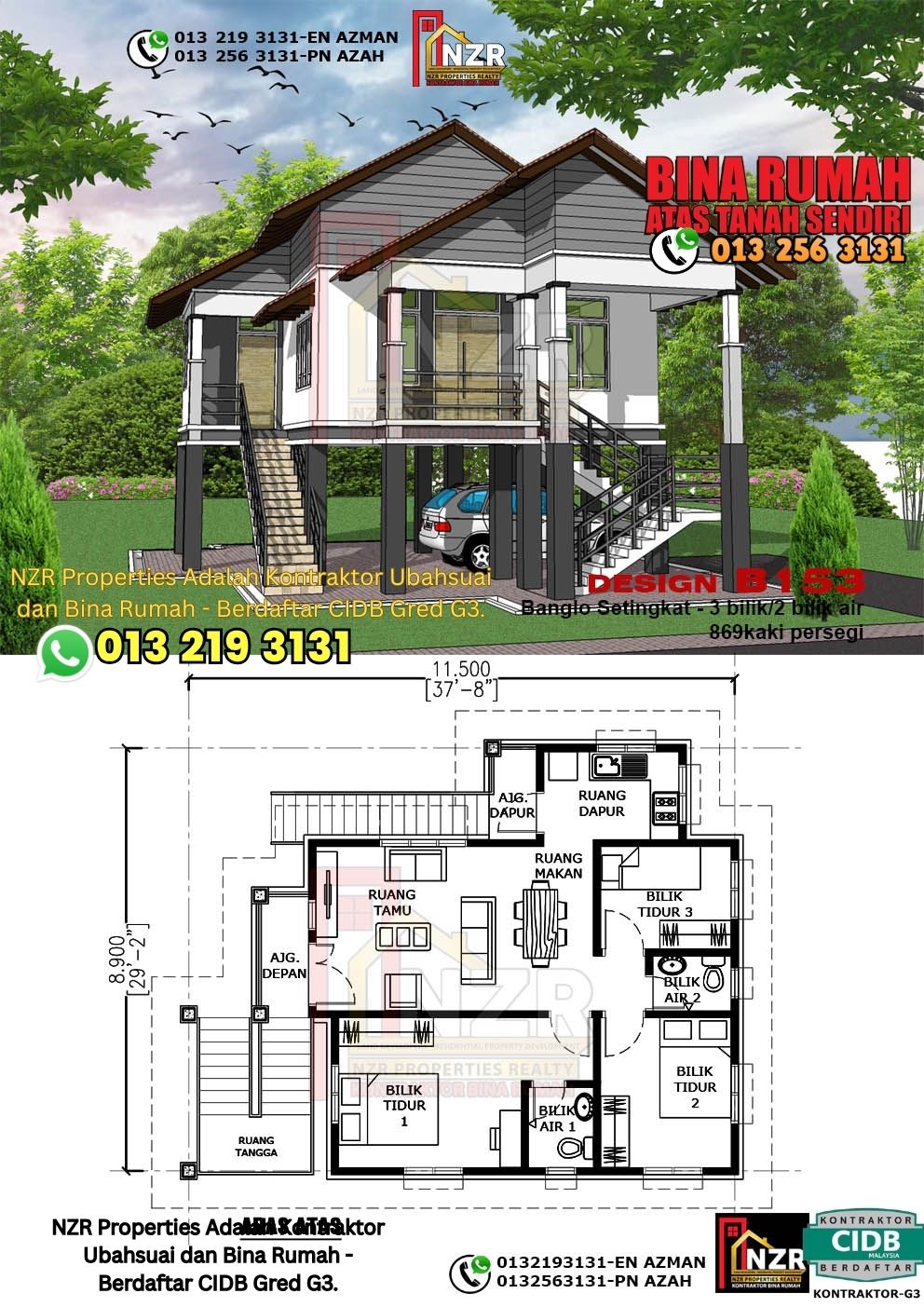 Design 40-Kod B153-Banglo Setingkat - 3Bilik &2 Bilik Air-Size Rumah 869kps