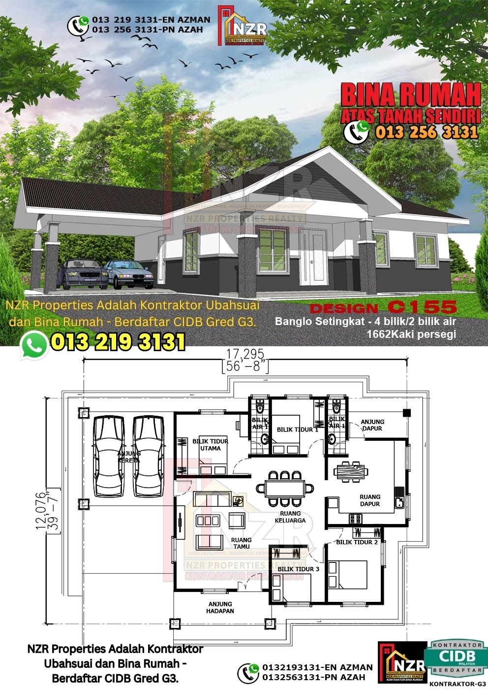 Design 42-Kod C155-Banglo Setingkat - 4Bilik &2 Bilik Air-Size Rumah 1662kps
