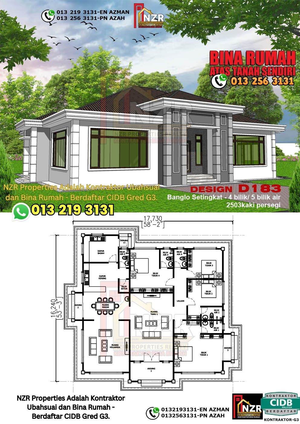 Design 43-Kod D183-Banglo Setingkat - 4Bilik & 5Bilik Air-Size Rumah 2503kps