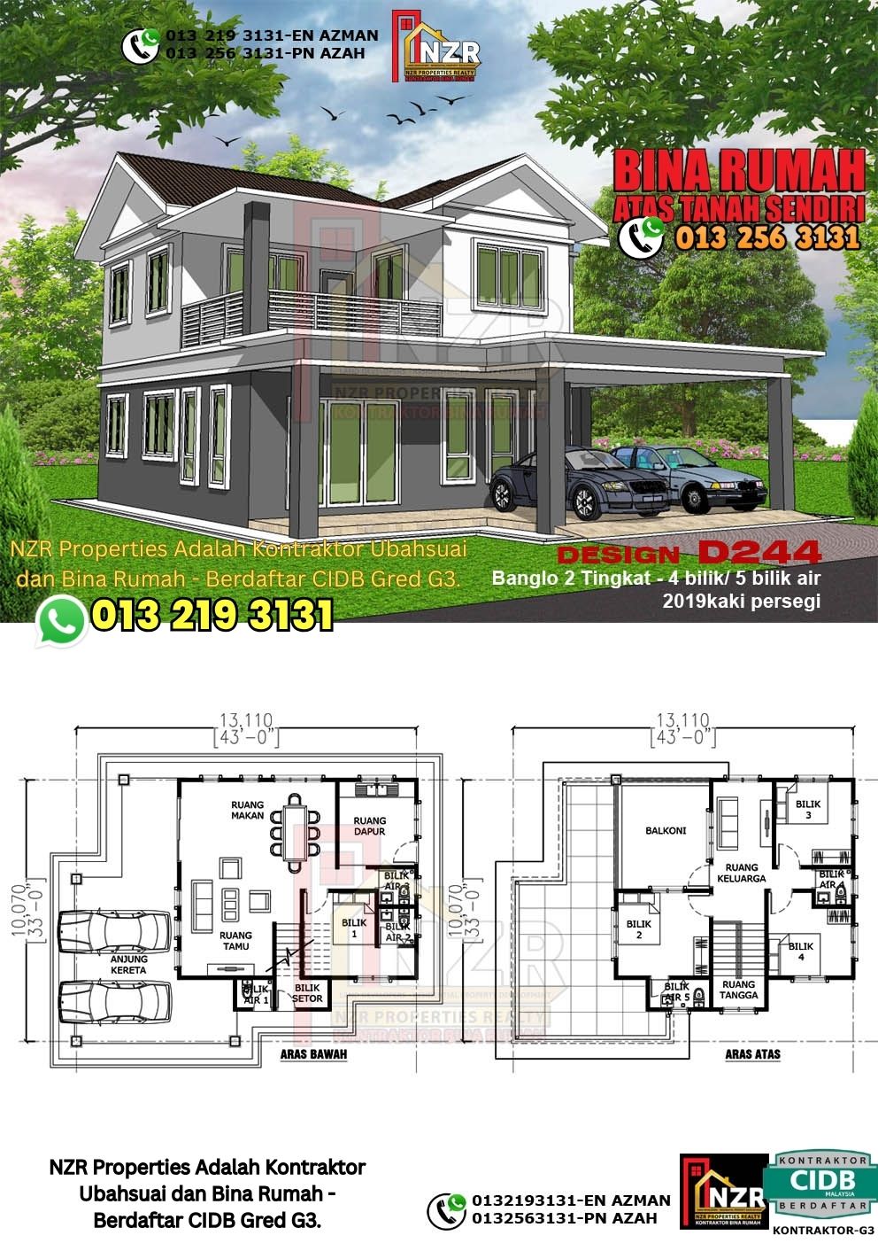 Design 43-Kod D244-Design Rumah Dua Tingkat -4Bilik &5Bilik Air-Size Rumah 2019kps