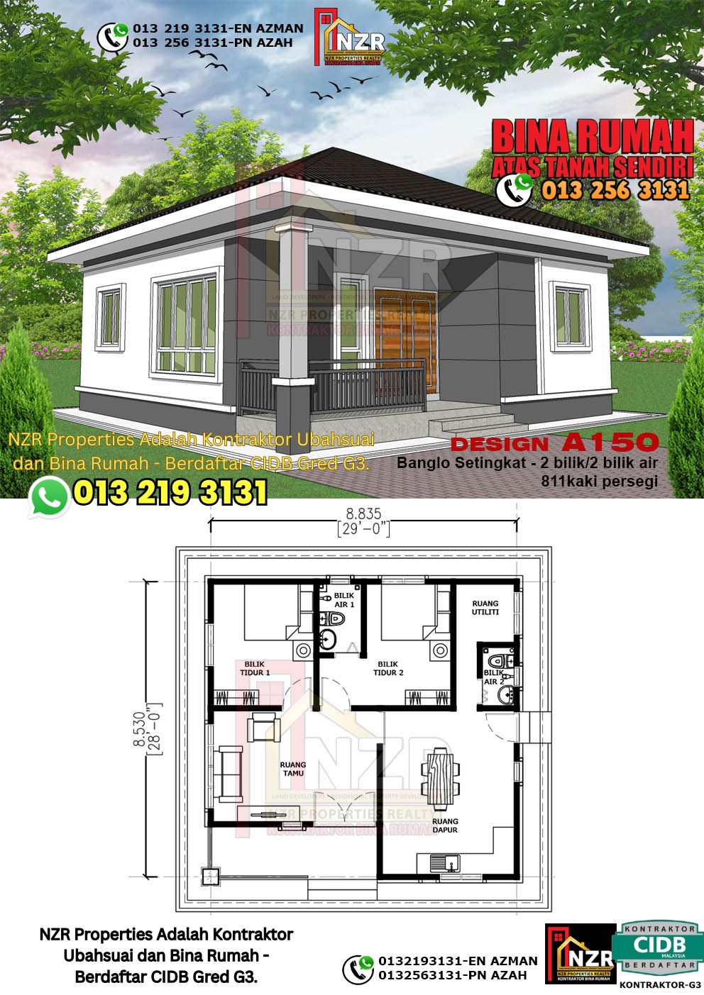 Design 44-Kod A150-Banglo Setingkat - 2 Bilik &2 Bilik Air-Size Rumah 811kps