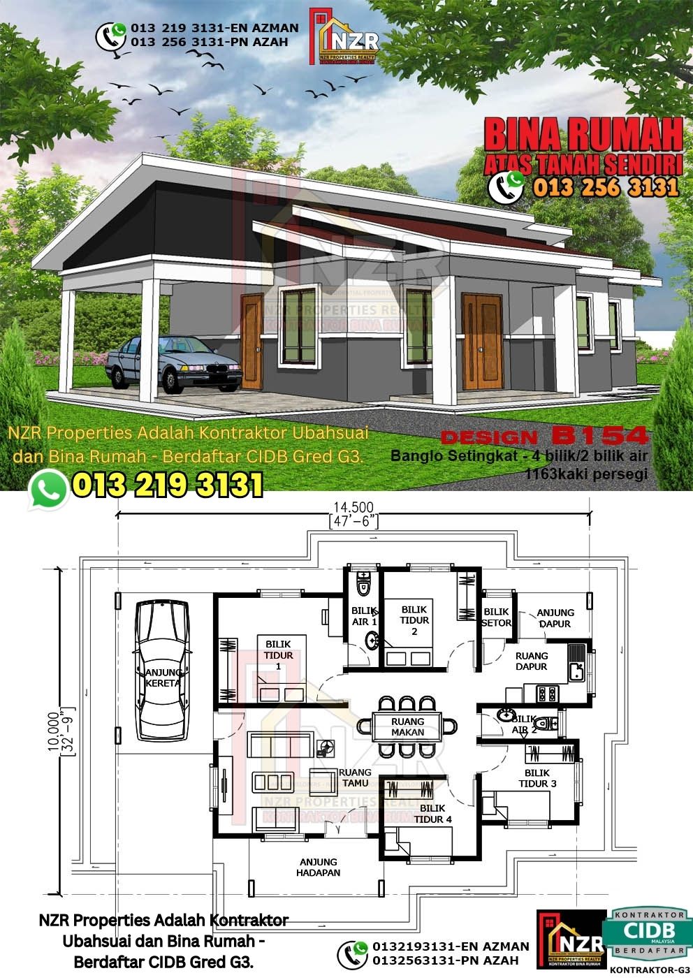 Design 41-Kod B154-Banglo Setingkat - 4Bilik &2 Bilik Air-Size Rumah 1163kps