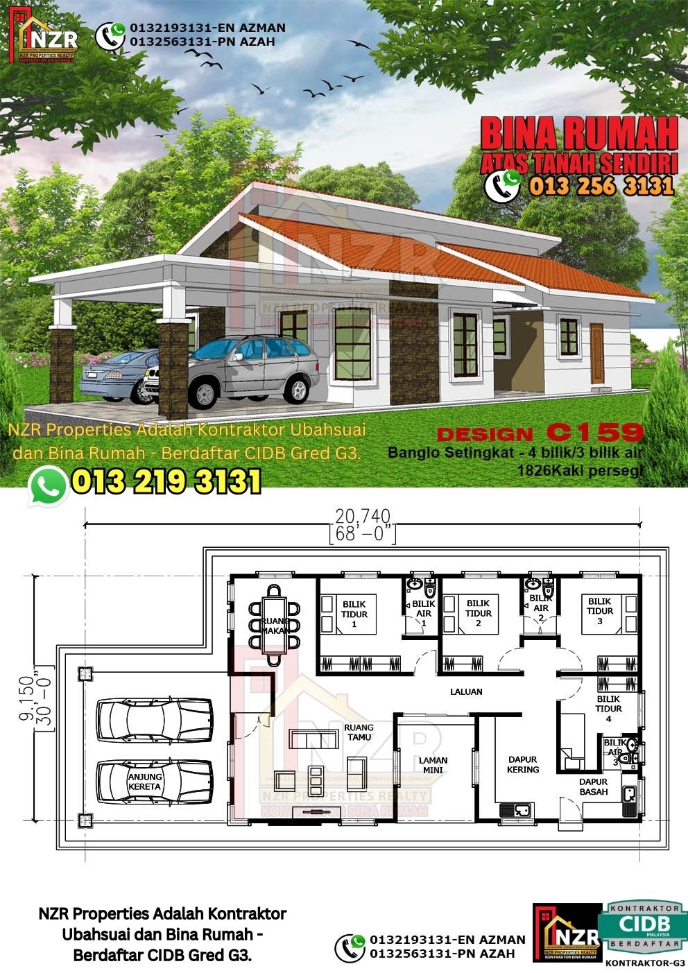 Design 44-Kod C159-Banglo Setingkat - 4Bilik &3 Bilik Air-Size Rumah 1826kps