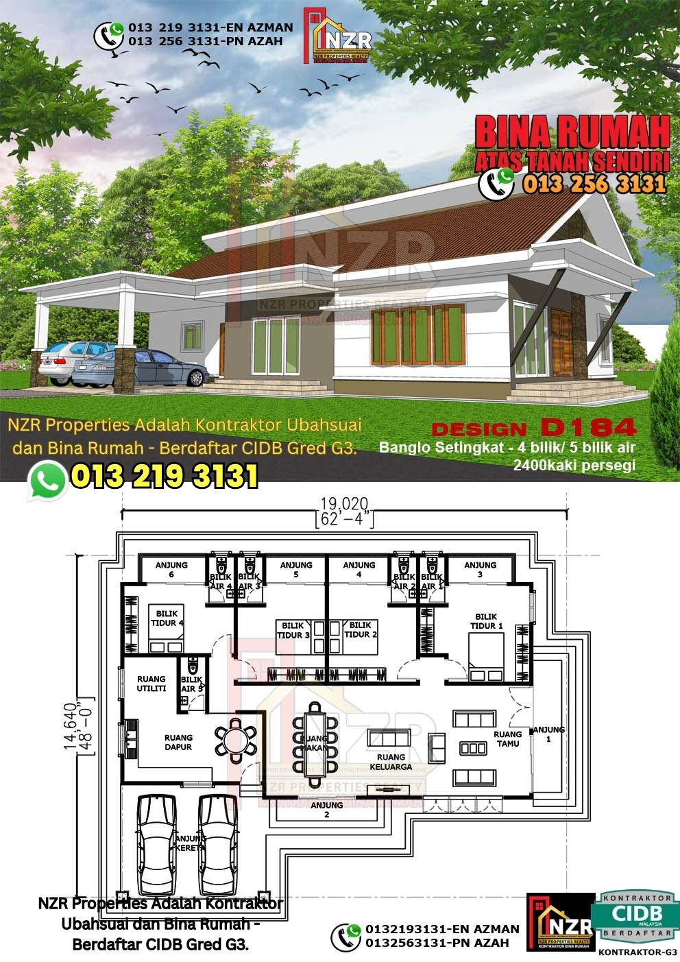 Design 44-Kod D184-Banglo Setingkat - 4Bilik & 5Bilik Air-Size Rumah 2400kps