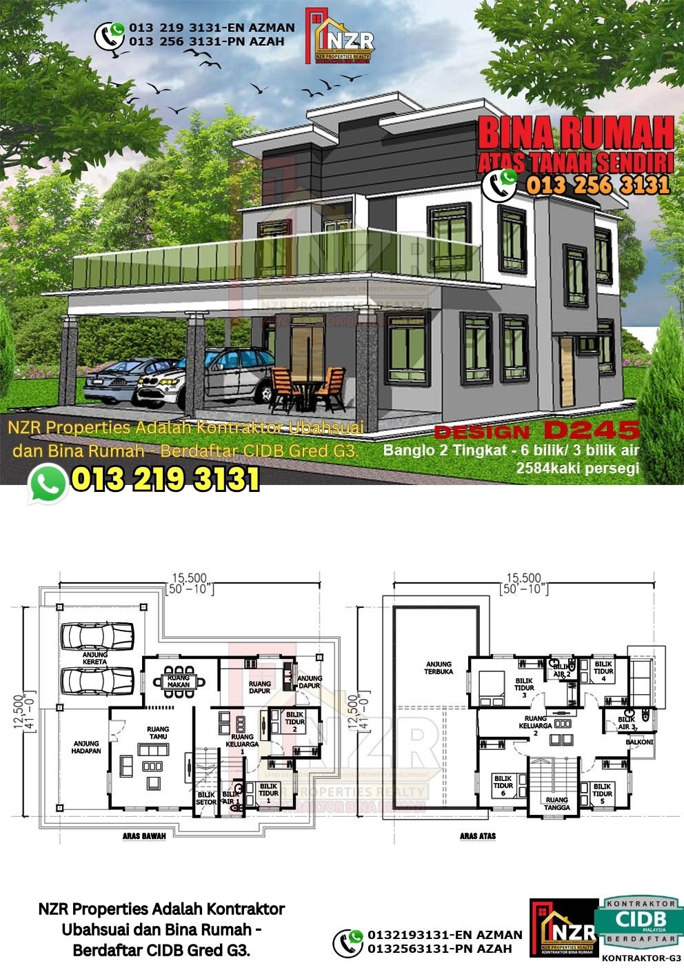 Design 44-Kod D245-Design Rumah Dua Tingkat -6Bilik &3Bilik Air-Size Rumah 2584kps