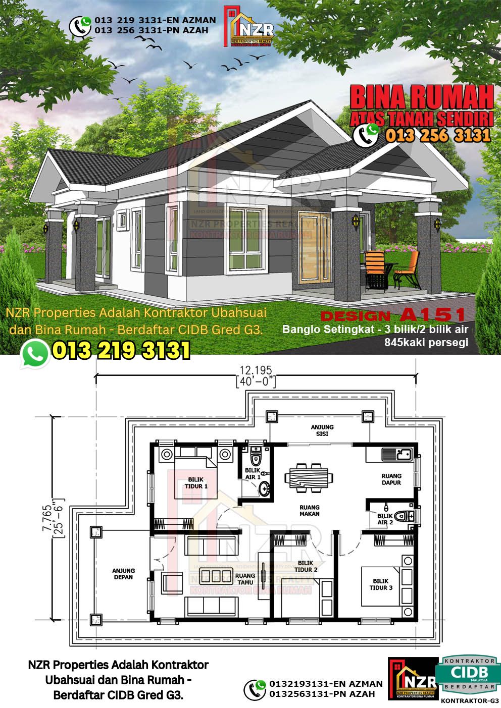 Design 45-Kod A151-Banglo Setingkat - 3 Bilik &2 Bilik Air-Size Rumah 845kps