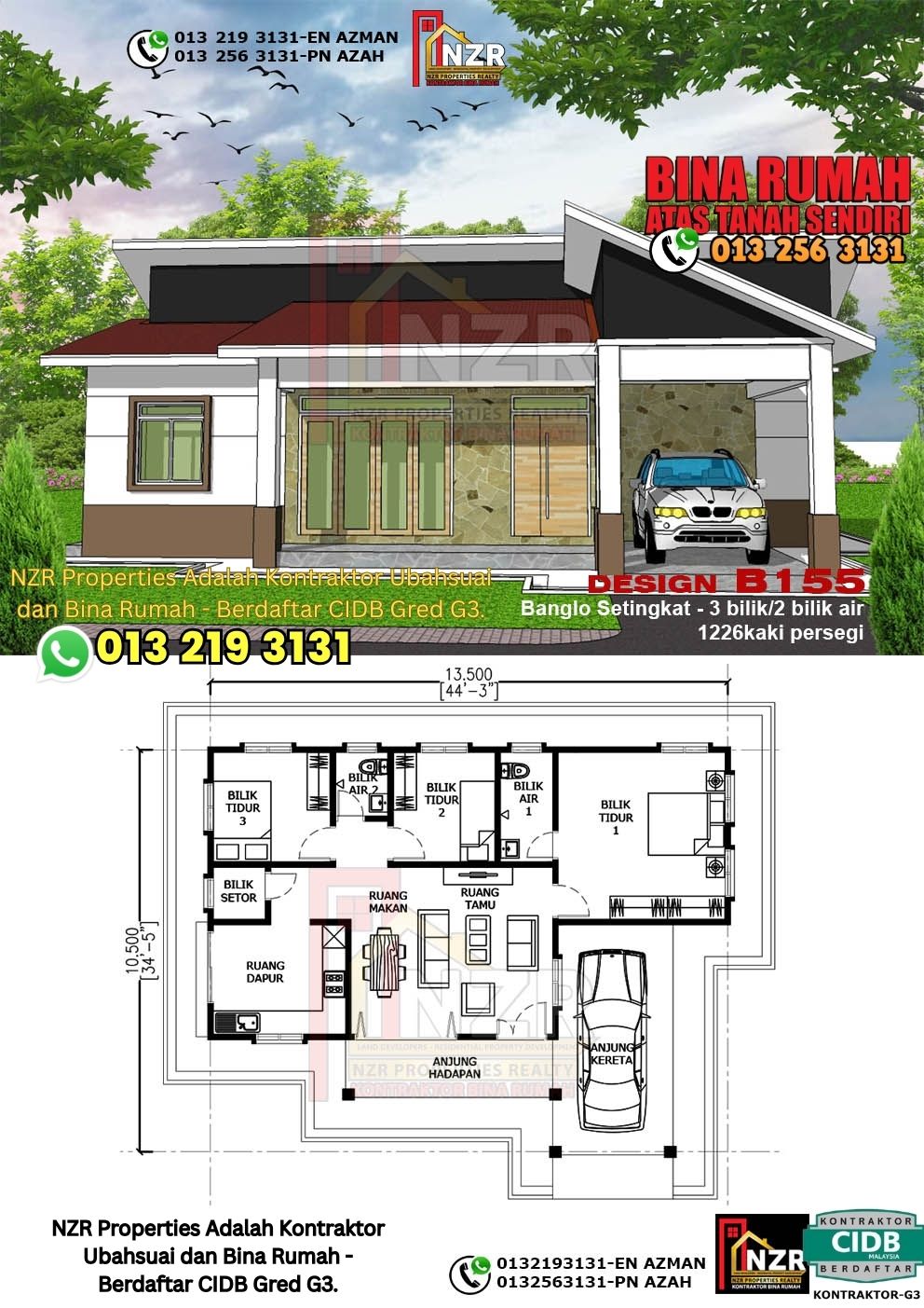 Design 42-Kod B155-Banglo Setingkat - 3Bilik &2 Bilik Air-Size Rumah 1226kps