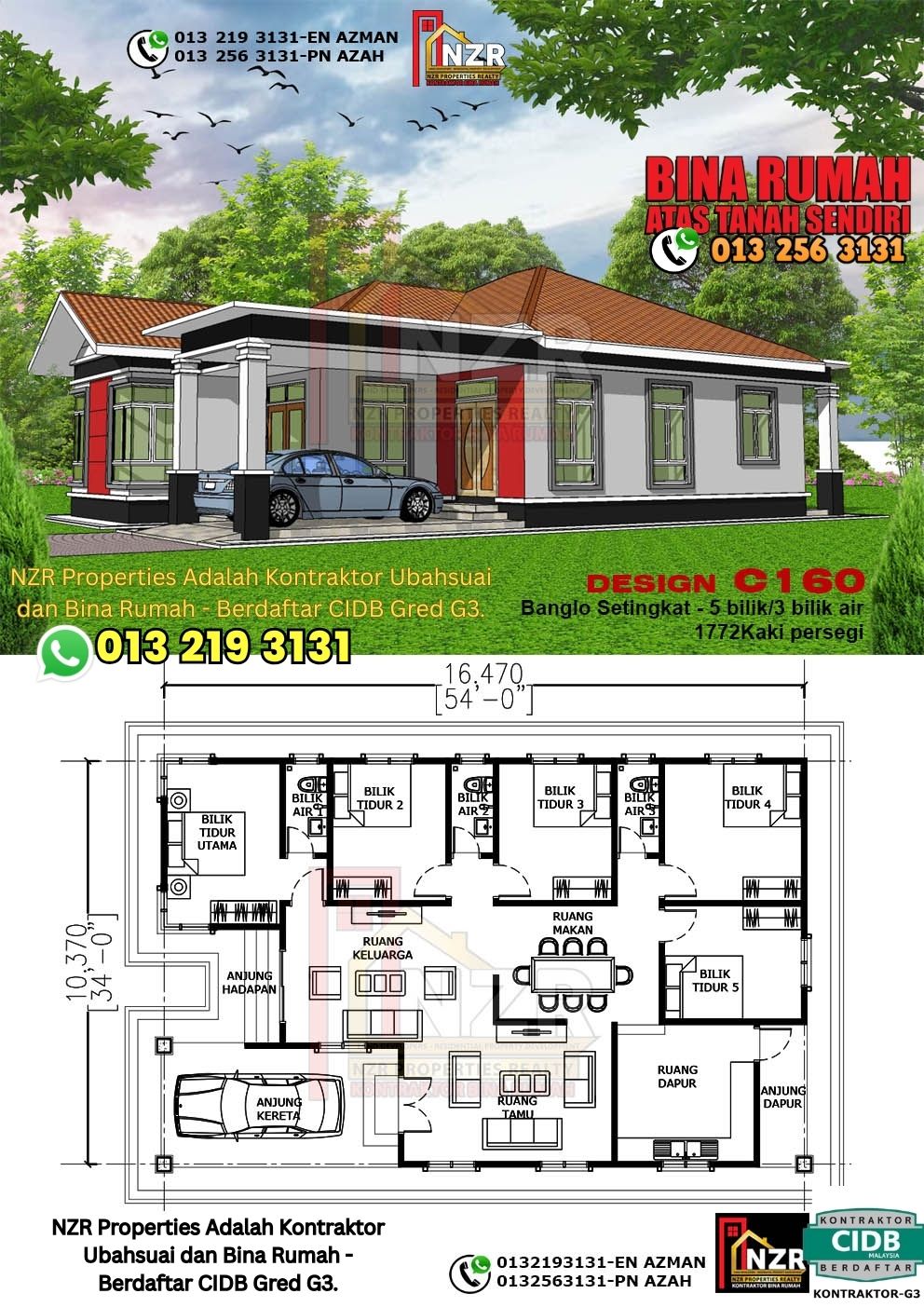 Design 45-Kod C160-Banglo Setingkat - 5Bilik &3 Bilik Air-Size Rumah 1772kps