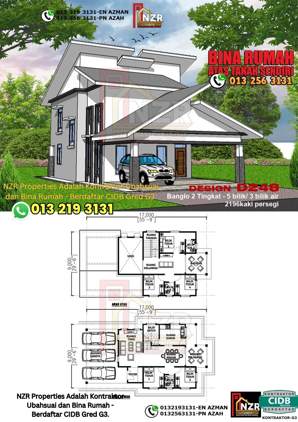 Design 45-Kod D248-Design Rumah Dua Tingkat -5Bilik &3Bilik Air-Size Rumah 2196kps