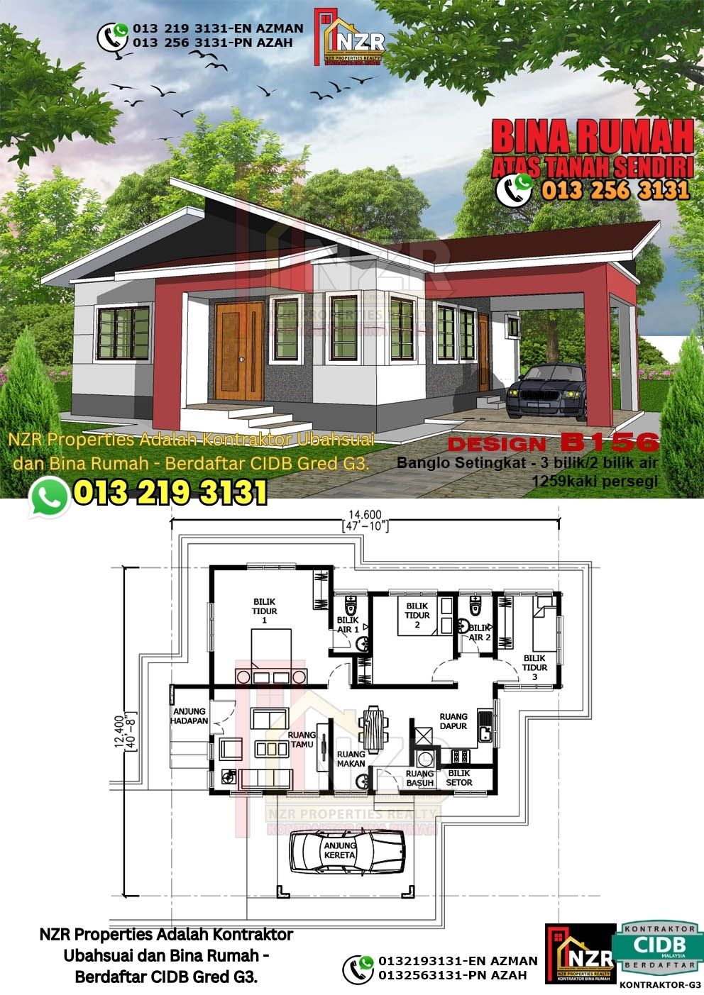 Design 43-Kod B156-Banglo Setingkat - 3Bilik &2 Bilik Air-Size Rumah 1259kps