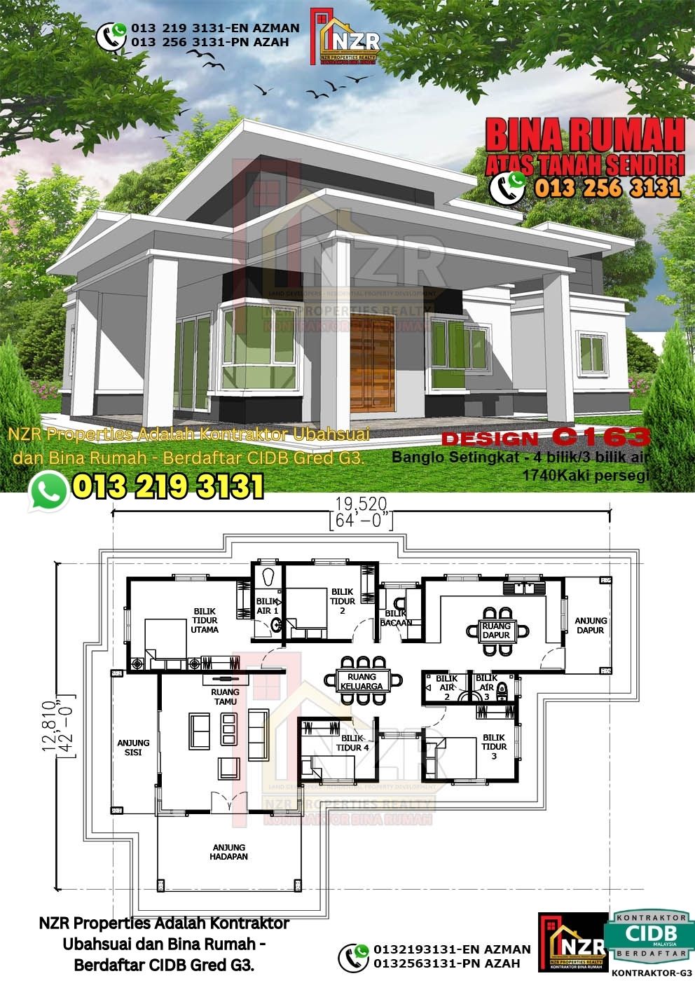 Design 46-Kod C163-Banglo Setingkat - 4Bilik &3 Bilik Air-Size Rumah 1740kps