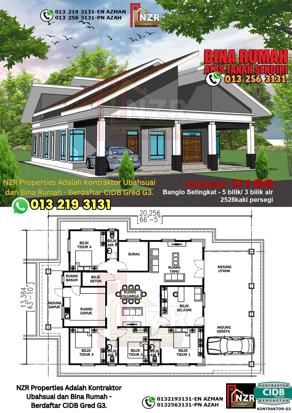 Design 46-Kod D186-Banglo Setingkat - 5Bilik &3Bilik Air-Size Rumah 2528kps