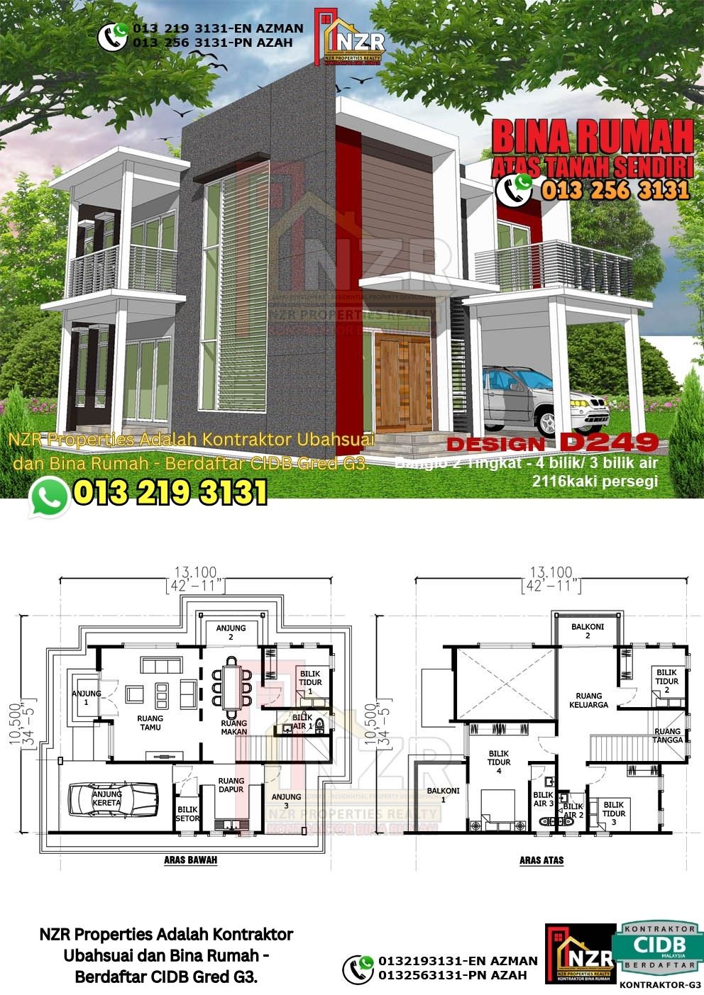 Design 46-Kod D249-Design Rumah Dua Tingkat -4Bilik &3Bilik Air-Size Rumah 2116kps