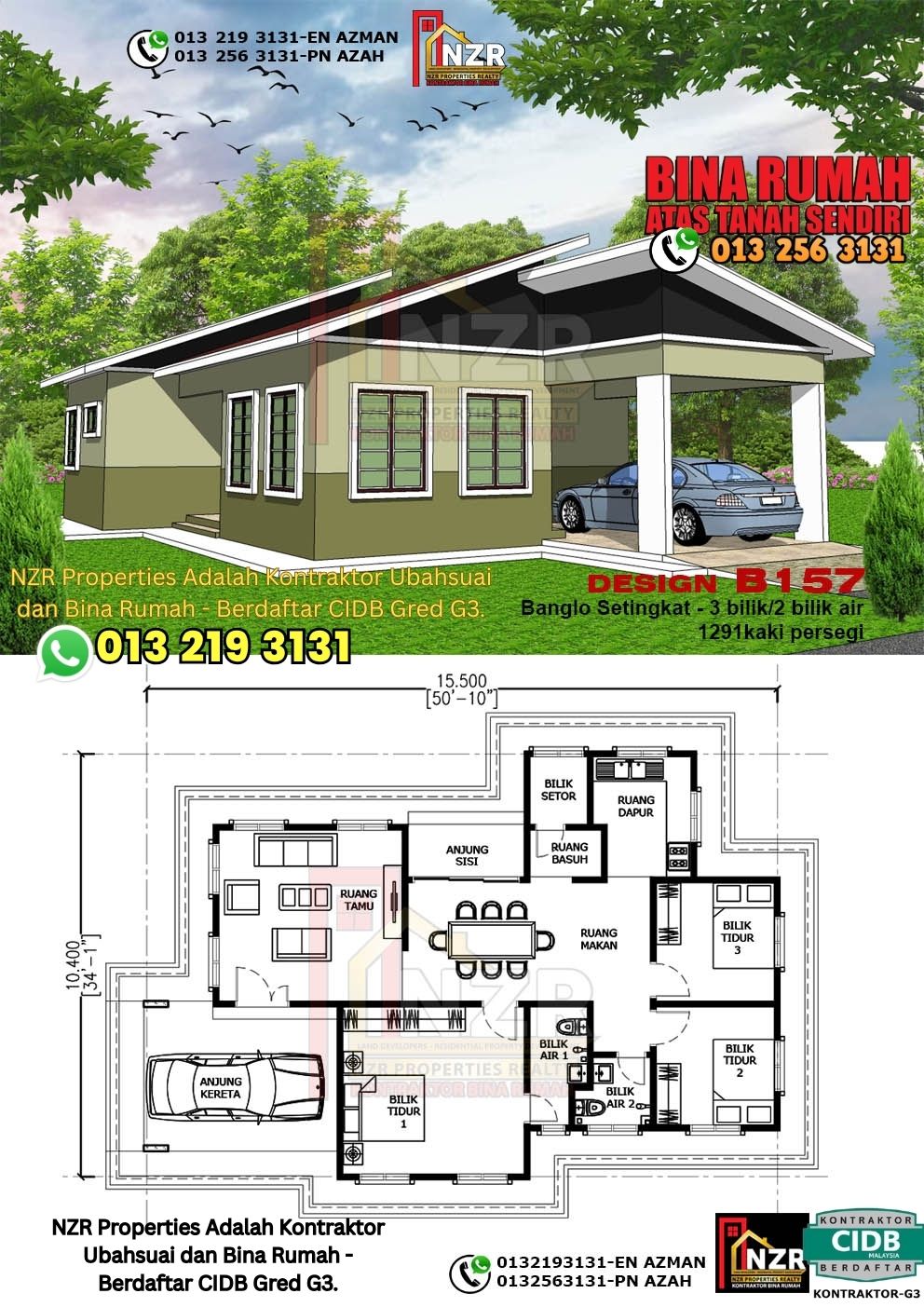 Design 44-Kod B157-Banglo Setingkat - 3Bilik &2 Bilik Air-Size Rumah 1291kps