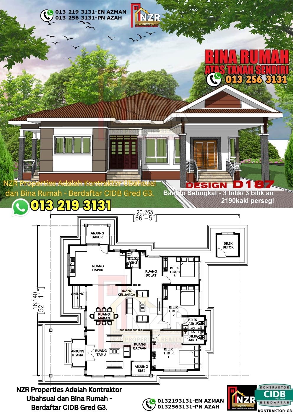 Design 47-Kod D187-Banglo Setingkat - 3Bilik &3Bilik Air-Size Rumah 2190kps