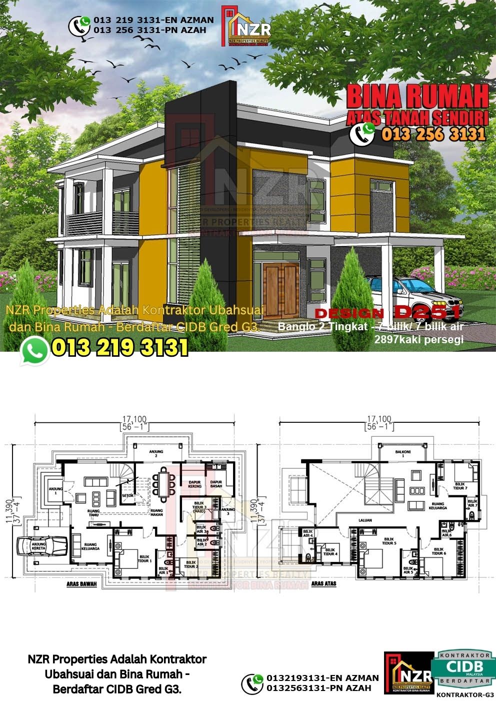 Design 47-Kod D251-Design Rumah Dua Tingkat -7Bilik & 7Bilik Air-Size Rumah 2897kps