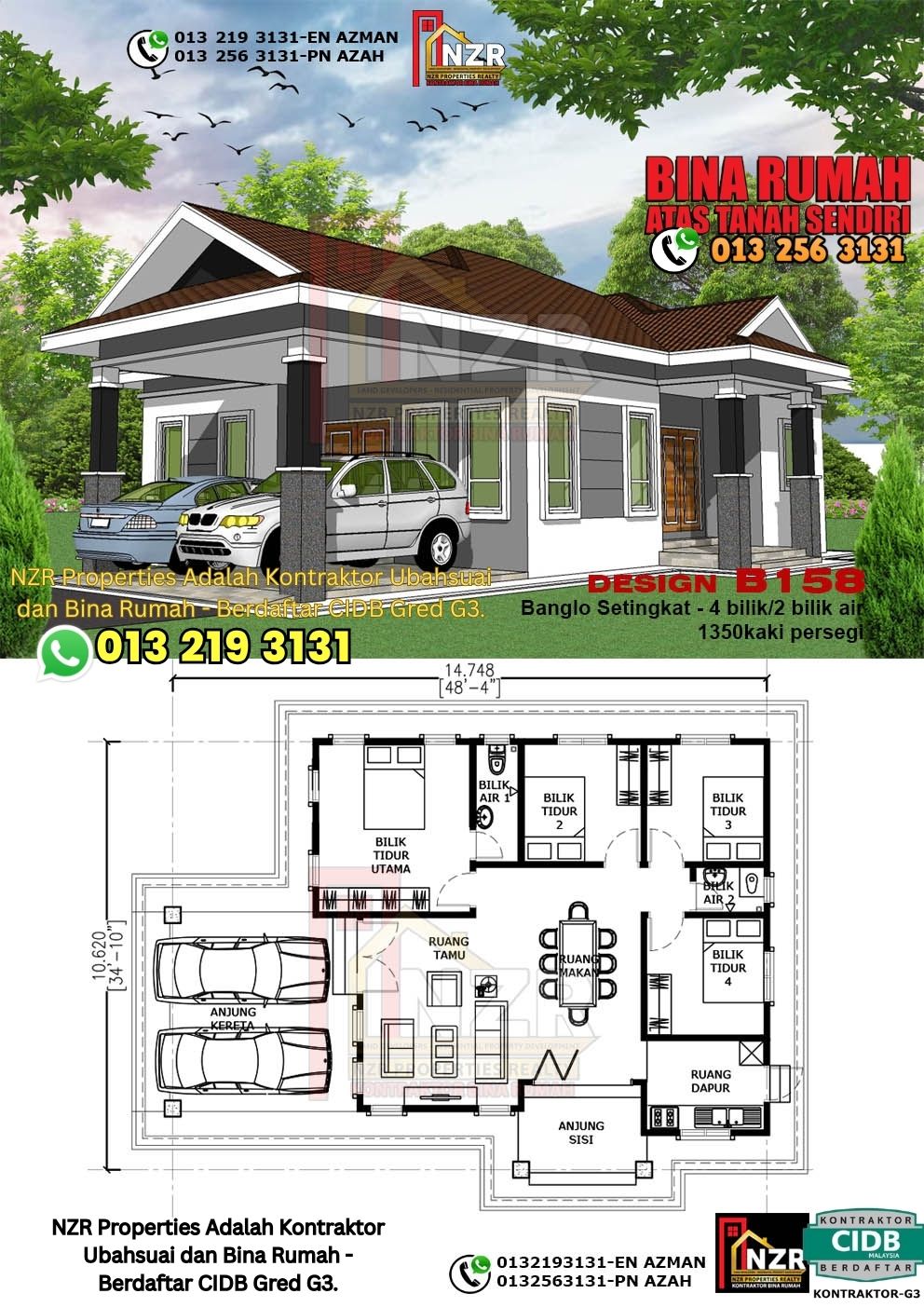 Design 45-Kod B158-Banglo Setingkat - 4Bilik &2 Bilik Air-Size Rumah 1350kps