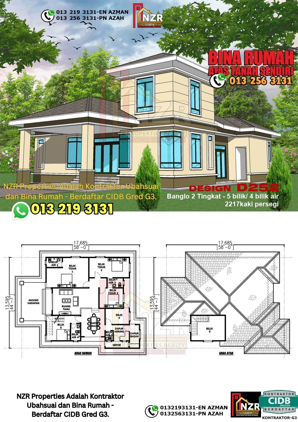 Design 48-Kod D252-Design Rumah Dua Tingkat -5Bilik &4Bilik Air-Size Rumah 2217kps