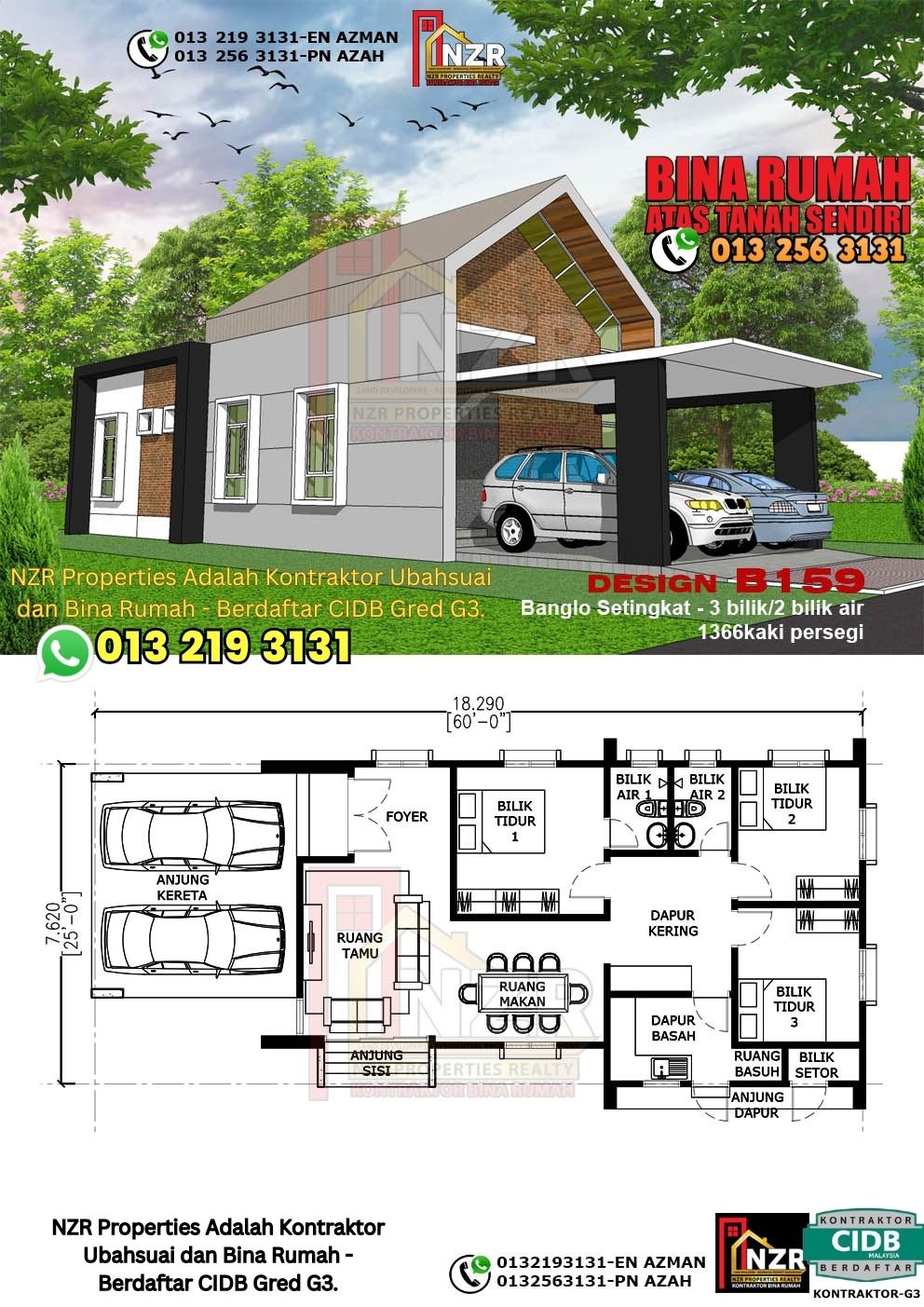Design 46-Kod B159-Banglo Setingkat - 3Bilik &2 Bilik Air-Size Rumah 1336kps