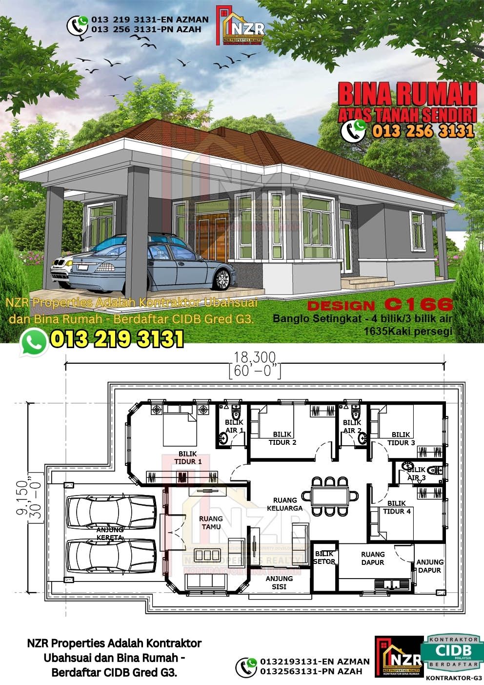 Design 49-Kod C166-Banglo Setingkat - 4Bilik &3 Bilik Air-Size Rumah 1635kps