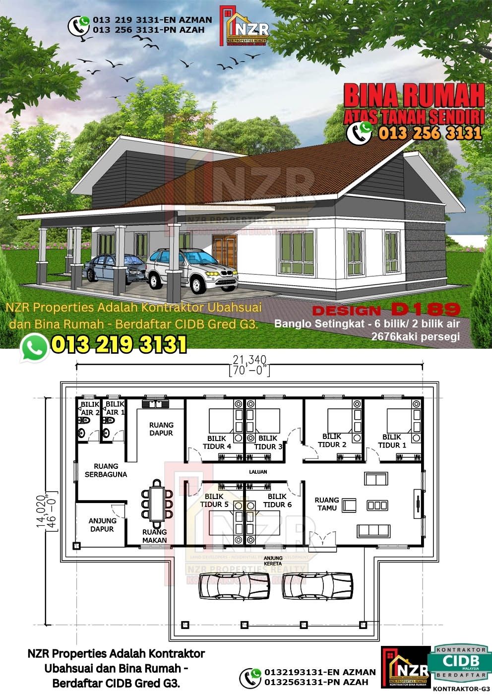 Design 49-Kod D189-Banglo Setingkat - 6Bilik &2Bilik Air-Size Rumah 2676kps
