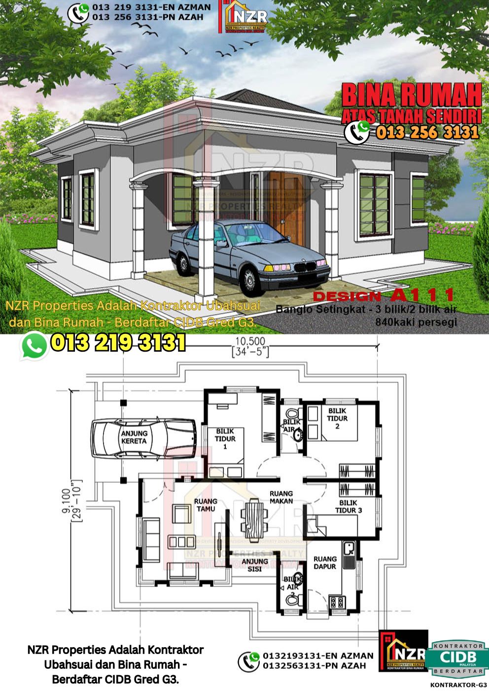 Design 5-Kod A111-Banglo Setingkat - 3 Bilik &2 Bilik Air-Size Rumah 840kps
