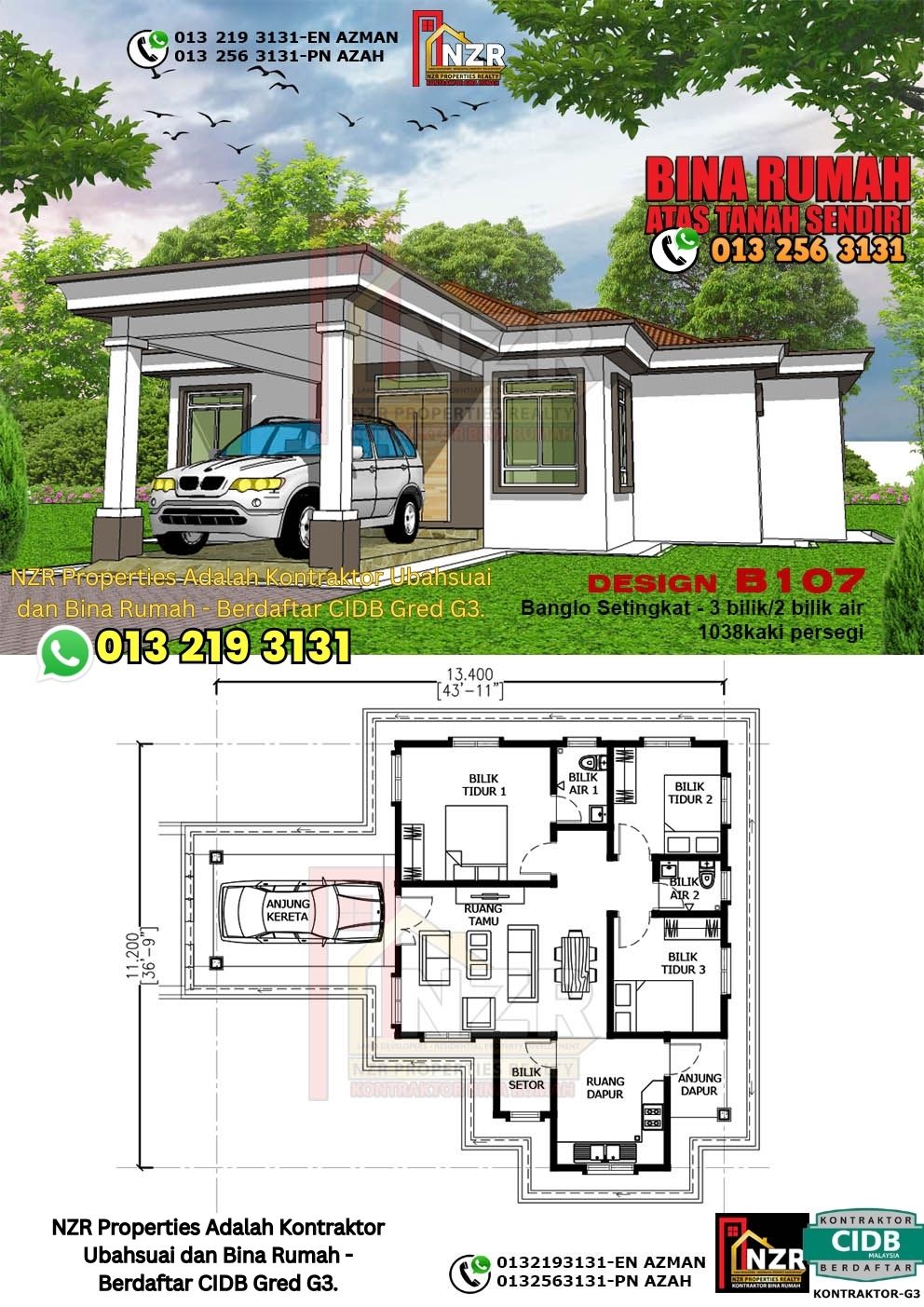 Design 5-Kod B107-Banglo Setingkat - 3 Bilik &2 Bilik Air-Size Rumah 1038kps
